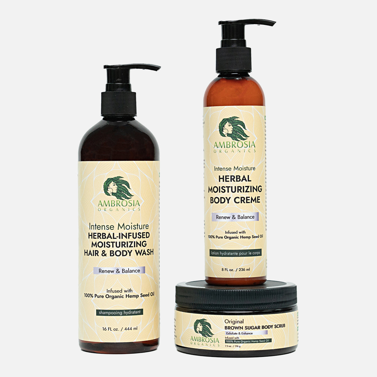 Herbal-Infused Hair & Body Wash, Rose Hip Seed Oil Body Creme & Sugar Body Scrub