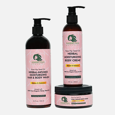 Herbal-Infused Hair & Body Wash, Rose Hip Seed Oil Body Creme & Sugar Body Scrub